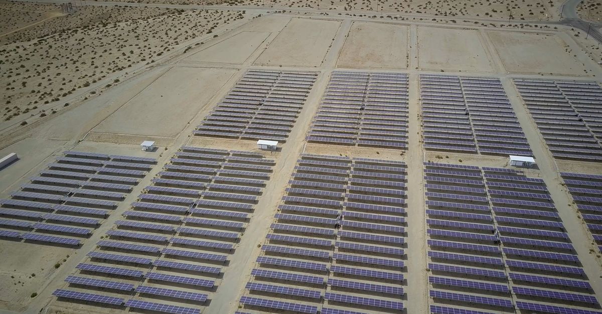 Aerial view of a desert solar installation
